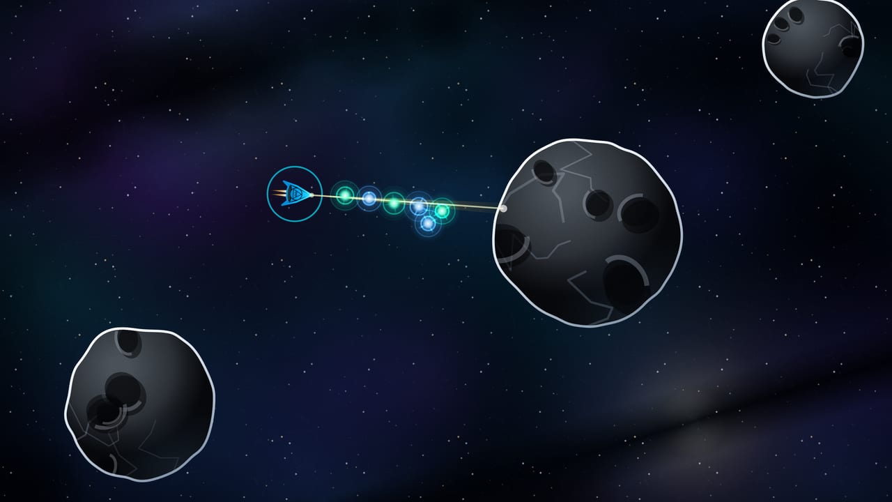 A mining ship cutting into a giant asteroid with its beam while fuel and material drops stream back to it