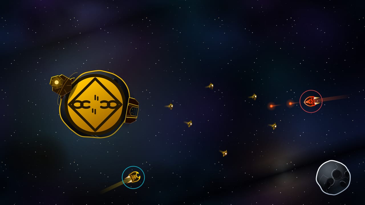 A Space Hangar mid-launch, a flight of Guardian drones arcing out toward an intruding enemy ship