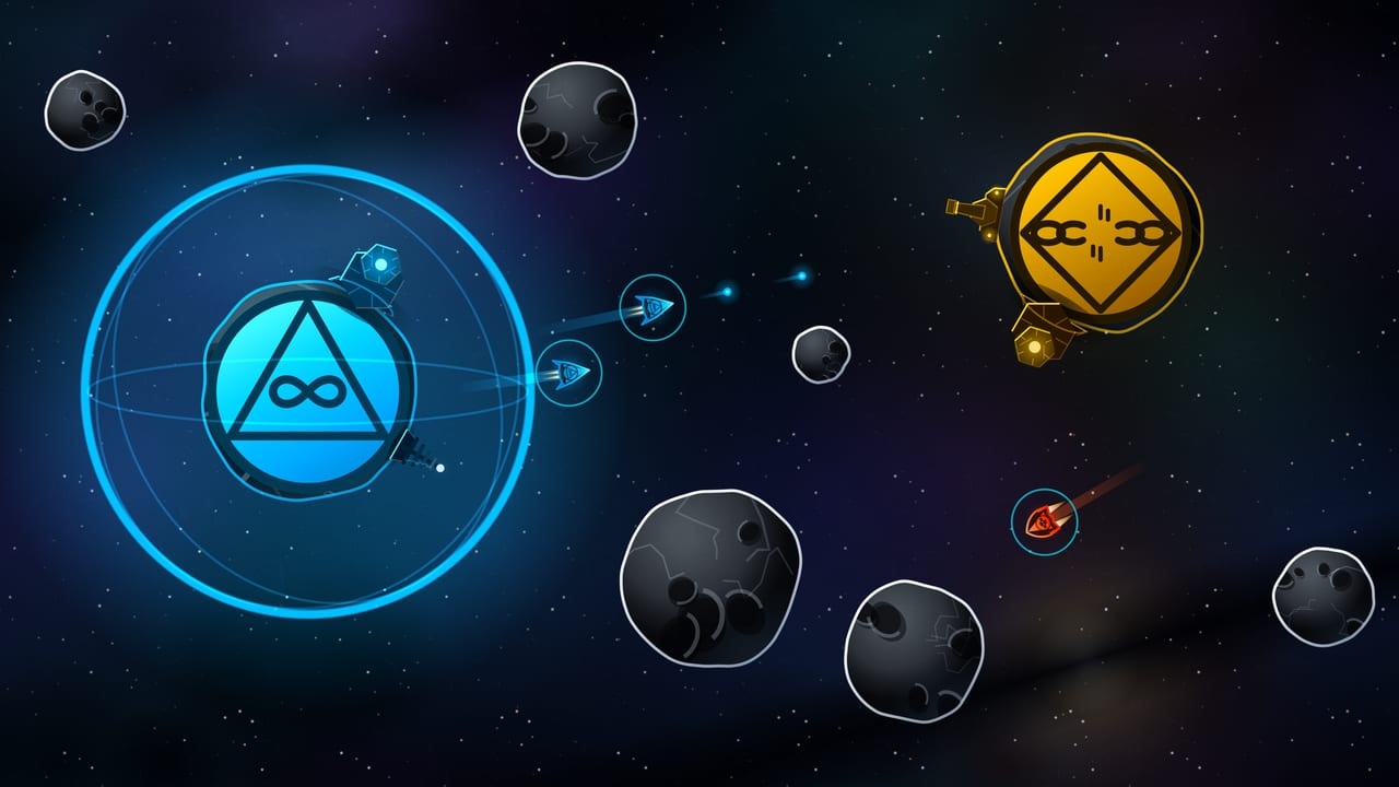 A wide view across the Asteroid Dominion galaxy: asteroids of every size drifting past two distant claimed faction bases while ships cross the field