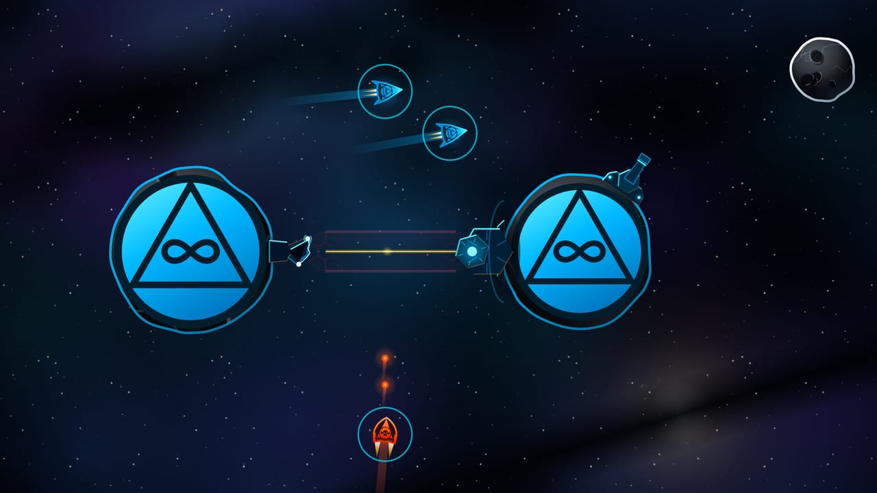 A Gate linking two claimed asteroids with a shield wall spanning the gap, friendly ships flying the corridor above it