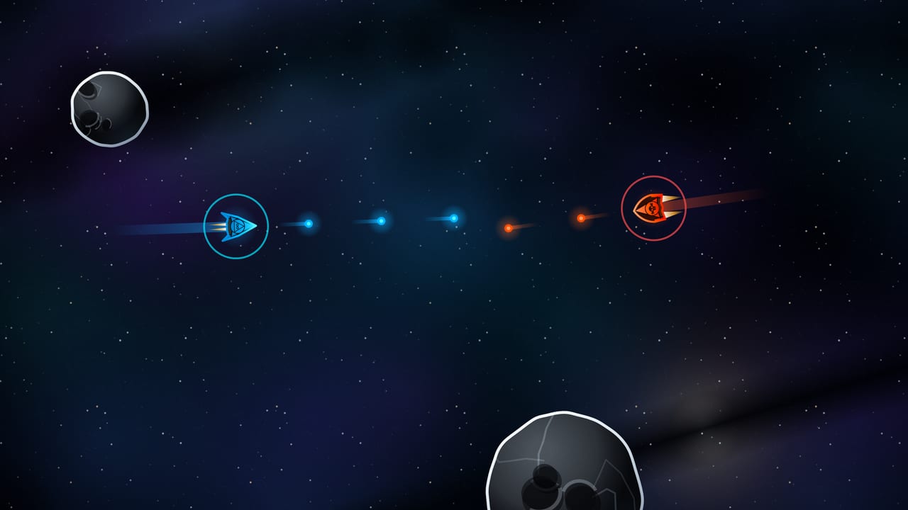 Two ships trading ion-pulse fire at close range, the shield of the ship taking the hit flaring under it