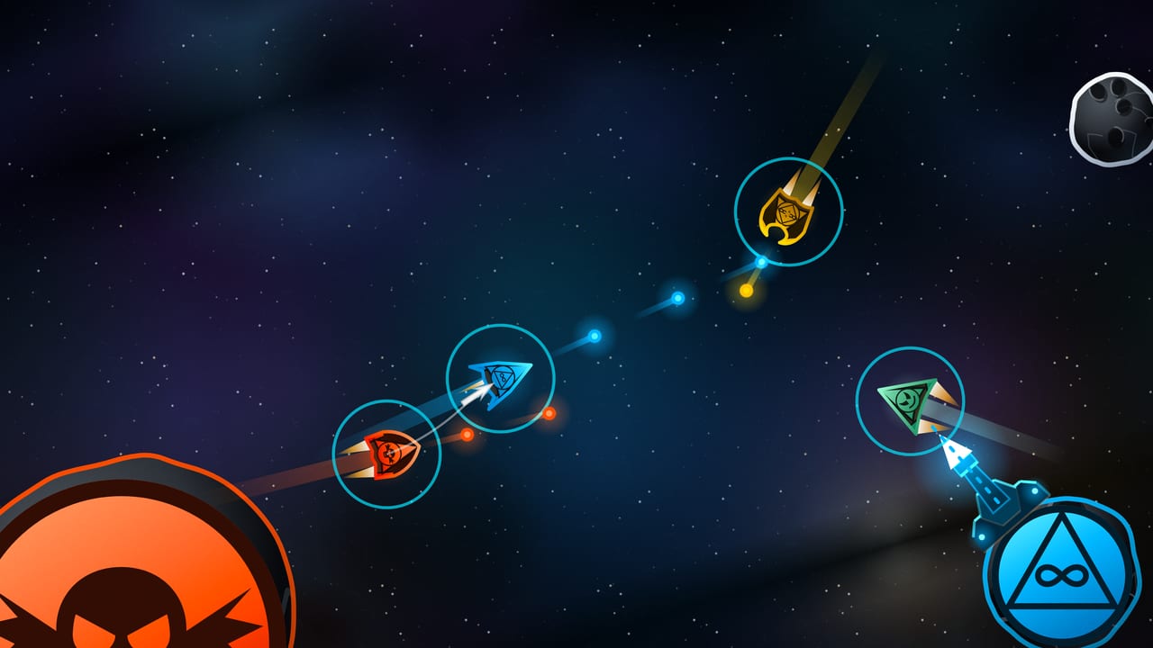 Four faction ships clash in deep space: a cyan Concordium fighter leads with ion-pulse fire as orange, gold and green rivals close in around a claimed asteroid