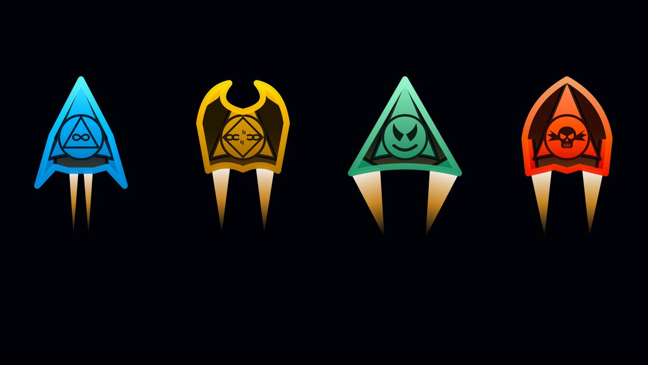 Ships from all four factions side by side, each with its own hull and badge
