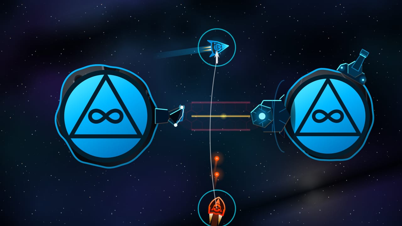 A Gate structure linking two claimed asteroids with a glowing hexagonal shield wall spanning the gap between their rims