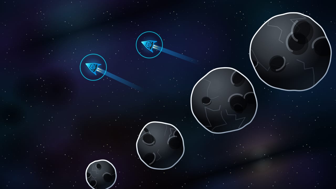 A drifting line of asteroids pulled across space during a gravity surge, with two Concordium ships burning hard against the drift