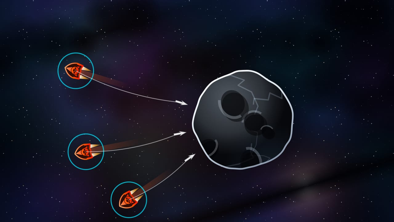 Three Bone Collector ships hauling a captured asteroid home together on harpoon ropes