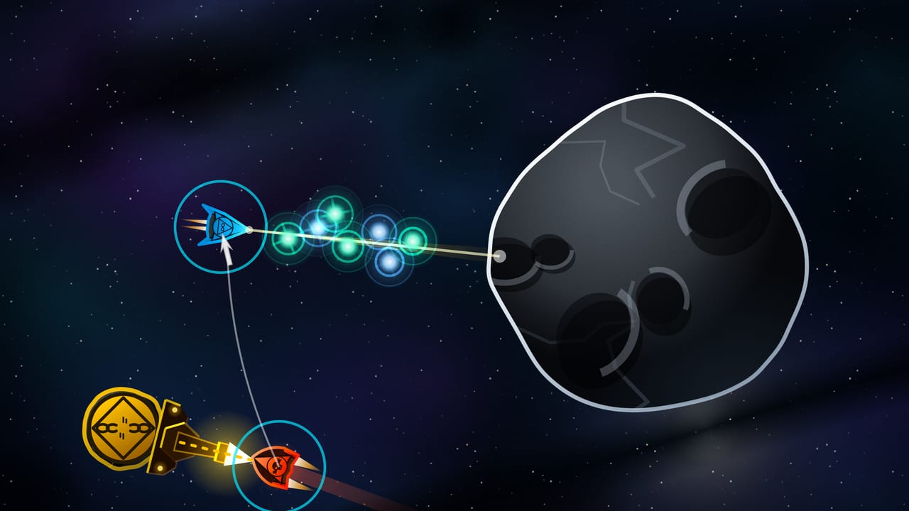 A ship cutting into a giant asteroid with a mining beam as fuel and material loot stream back